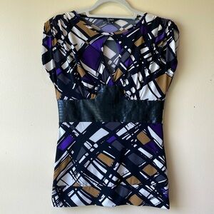 XOXO Y2K Abstract Print Faux Leather Waist Detail Blouse Keyhole Detail Size M